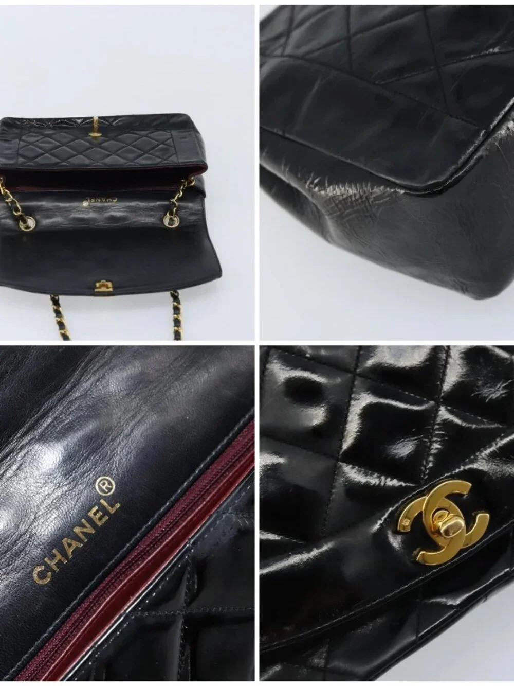 CHANEL Diana 25 Matelasse Chain Bag Patent Leather Black Gold CC Auth bs34314